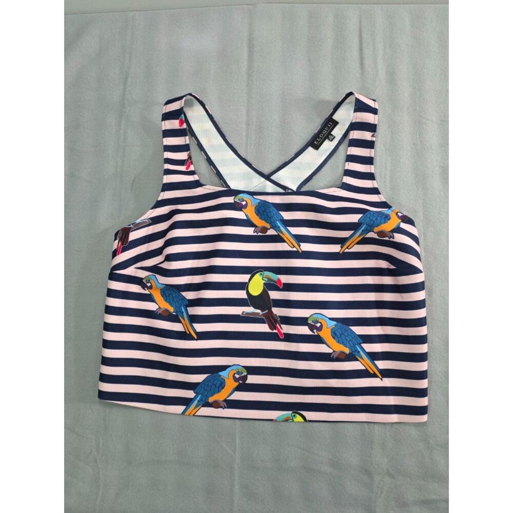 Eloquii Womens 12 Navy Pink Striped Toucan Parrot Tropical Criss Cross Crop Top
